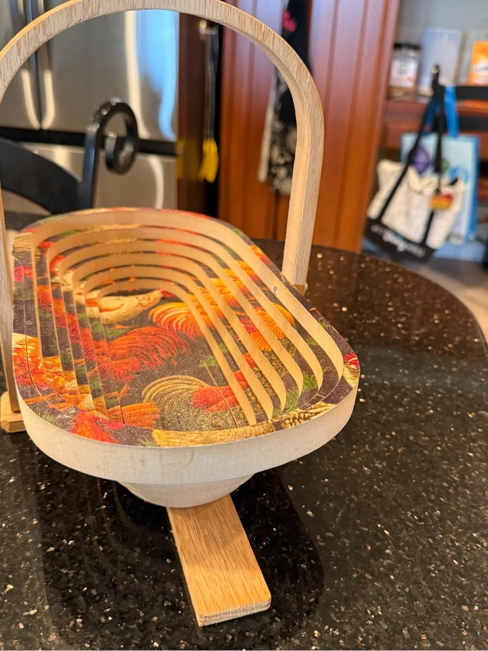 RMS Traditions Unique Handcrafter Folding Wood Basket Rooster Chicken Country